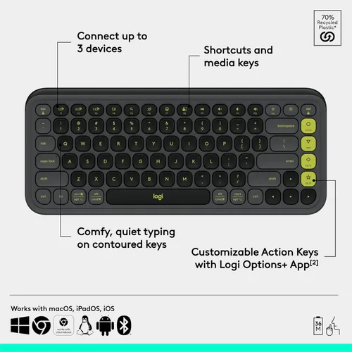 Miniatura 6 de Logitech POP ICON Keys Teclado Bluetooth inalámbrico, escritura cómoda, teclas programables, fácil de cambiar entre hasta 3 dispositivos