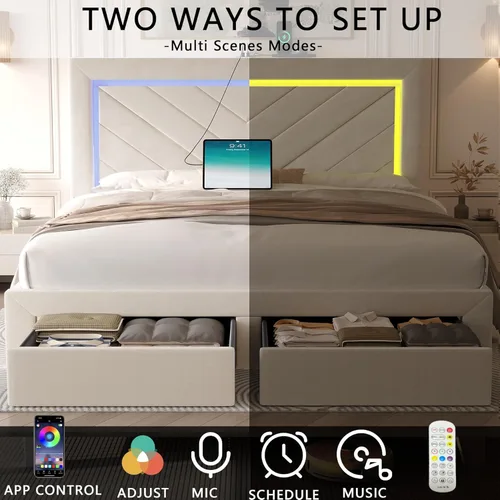 Miniatura 4 de Base de cama tamaño Queen con cabecera ajustable y cajón de almacenamiento, marco de cama tapizado Queen con luces LED RGB y estación de carga