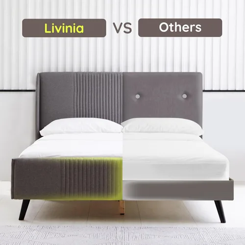 Miniatura 5 de Livinia Sunset - Cama de plataforma con respaldo de alas, base de cama tapizada de tela con cabecera de canal vertical, listones de madera fuertes