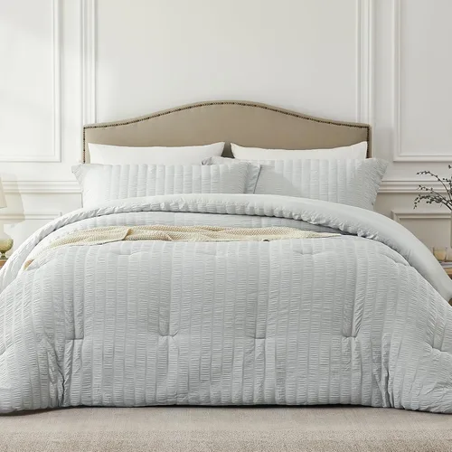 Miniatura 12 de Quataly - Juego de edredón Seersucker tamaño Twin/Twin XL en color blanco; juego de cama de 2 piezas que incluye 1 edredón suave y esponjoso y 1