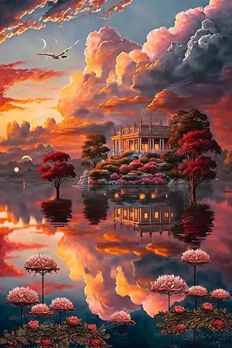 Flower Lake Villa - Rompecabezas de 1000 piezas para adultos, rompecabezas de madera de nubes de atardecer naranja, juego educativo divertido para