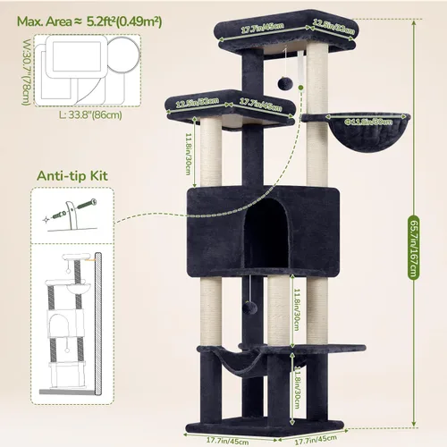 Miniatura 6 de Globlazer Torre de árbol alto para gatos adultos grandes, torre rascador grande de varios niveles de 65 pulgadas con hamaca, 6 postes rascadores
