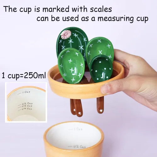 Miniatura 4 de Juego de cucharas medidoras de cactus en maceta de cerámica. Lindas tazas medidoras y cucharas únicas para hornear. Regalos para ingredientes secos