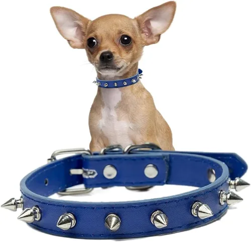 Collar de perro con pinchos para perros medianos, remache de hongos, piel sintética suave, collar de gato con tachuelas, ajustable para perros Azul
