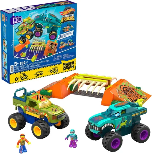 MEGA Hot Wheels Monster Trucks - Juguete de construcción, Smash & Crash Mega-Wrex Boneyard Stunt Course con 332 piezas, 2 figuras y 2 rampas, niños