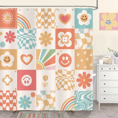 Miniatura 7 de Bonhause Bonita cortina de ducha retro, diseño floral de arcoíris a cuadros, decoración de baño para niños, 72 x 72 pulgadas, tela de poliéster