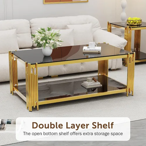 Miniatura 3 de Mesa de centro de cristal negro de 43 pulgadas, mesa moderna para sala de estar, acero inoxidable dorado, patas de metal, rectangular, de vidrio