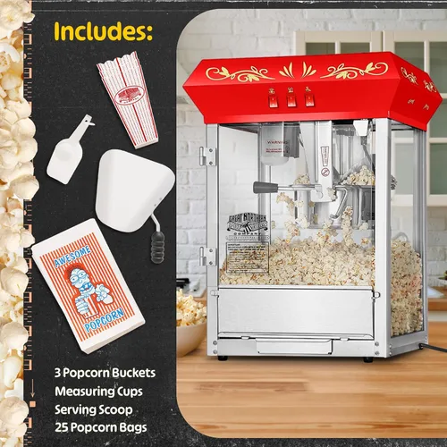 Miniatura 4 de Great Northern Popcorn - Máquina para hacer palomitas de maíz con carro, hervidor de acero inoxidable de 8 onzas que hace hasta 48 tazas, estilo Rojo