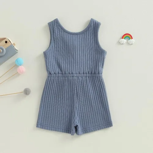 Miniatura 17 de Traje de verano para niña pequeña, de manga corta, acanalado, overol liso, pantalones cortos, ropa para recién nacidos