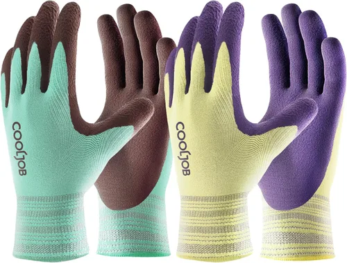 COOLJOB 2 pares de guantes de jardinería transpirables para mujer, talla XS, base modal suave elástica con revestimiento de goma antideslizante,