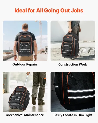 Miniatura 6 de VEVOR Mochila para herramientas rodantes, capacidad de carga de 110 libras, 72 bolsillos, bolsa de herramientas resistente sobre ruedas, mango