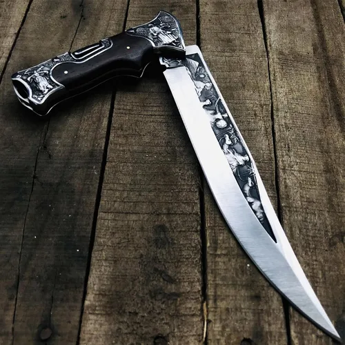 Miniatura 6 de MADSABRE Cuchillo de cabaña semi plegable grande de 12.7 pulgadas con hoja de 7.9 pulgadas de largo, mango de madera con patrón de relieve 3D