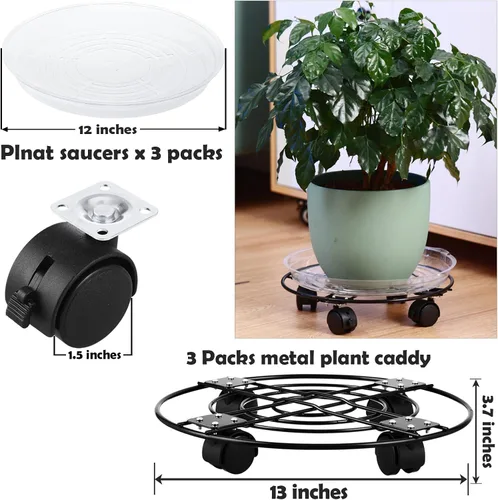 Miniatura 3 de Paquete de 3 cajas grandes de metal para plantas de 13 pulgadas con ruedas, soporte rodante de hierro forjado resistente con ruedas para macetas