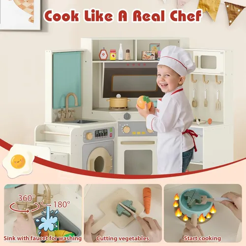 Miniatura 3 de Costzon Cocina de Juego de Esquina, Cocina Grande de Juego de Simulación con Luz y Sonido Reales, Cubo de Basura Extraíble, Estufas, Microondas