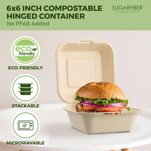 Miniatura 4 de [500 unidades] Fibra de azúcar por Harvest Pack PFAS FREE 6 x 6 pulgadas compostable Clamshell Recipientes de alimentos, contenedor con bisagras