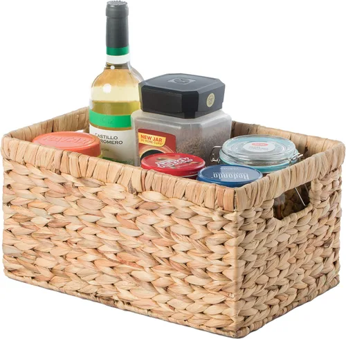 Miniatura 9 de Cesta rectangular de mimbre de jacinto de agua tejido natural con asas, organizador de almacenamiento pequeño, bandeja de cesta poco profunda de 12
