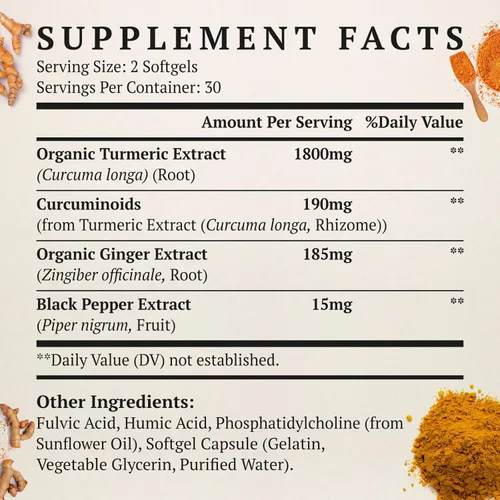 Miniatura 2 de Suplemento de Cúrcuma Curcumina Liposomal 2000mg, Extracto de Curcuminoides Estandarizado al 95% y Polvo de Raíz Orgánica con Piperina de Pimienta