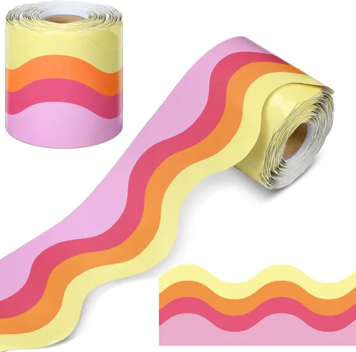 AmazingSpark Tablero de anuncios retro de 65 pies con diseño de ondas groovy, decoración de aula, tablero de anuncios colorido festoneado con borde