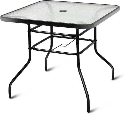 Miniatura 12 de Tangkula Mesa de Comedor Redonda de Vidrio para Patio de 27.5 Pulgadas con Agujero para Sombrilla de 1.57", Marco de Metal Resistente, Mesa Auxiliar
