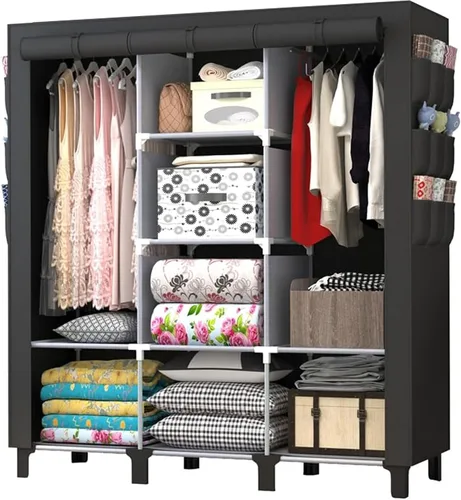 Miniatura 8 de Armario portátil con 10 estantes de almacenamiento y 2 postes para colgar, 18 bolsillos laterales no tejidos, tamaño 51.2 x 17.7 x 67.7 in, Beige