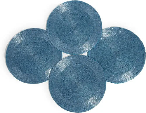 Miniatura 4 de Juego de 4 manteles individuales hechos a mano con cuentas azules de 13 pulgadas, hermoso y elegante tapete decorativo brillante para decoración