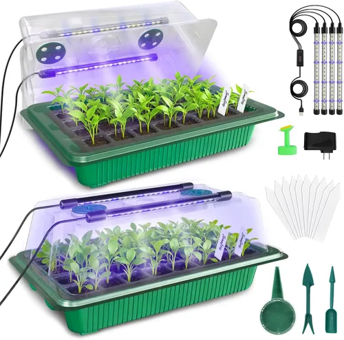 MQUPIN Bandeja de inicio de semillas de 80 celdas con luz de crecimiento, paquete de 2 unidades de kit de inicio de semillas de brillo ajustable con
