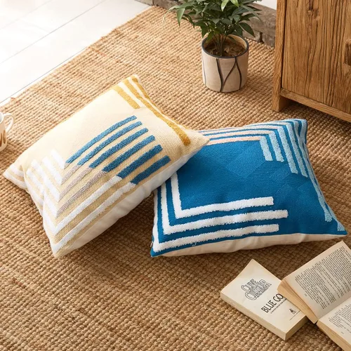 Miniatura 5 de vctops Funda decorativa para cojín con detalles de penachos geométricos estilo bohemio, funda de almohada cuadrada bordada en algodón para sofá