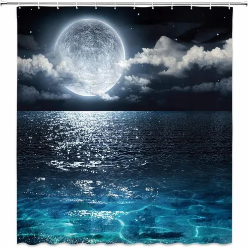 Miniatura 18 de AMFD Cortina de ducha con luna increíble, hermosa fantasía, cielo estrellado, luna brillante, azul, azul marino, negro, cortinas de baño, decoración