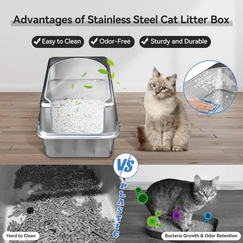 Miniatura 2 de Caja de arena de acero inoxidable con tapa de metal y pala - Caja de arena de metal cerrada para gatos grandes, resistente al óxido, control