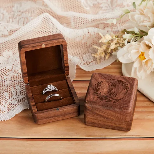 Miniatura 2 de Roycraft Caja de anillos Mr & Mrs con 2 ranuras para propuesta, boda, ceremonia, compromiso, día de San Valentín, cumpleaños, caja de madera