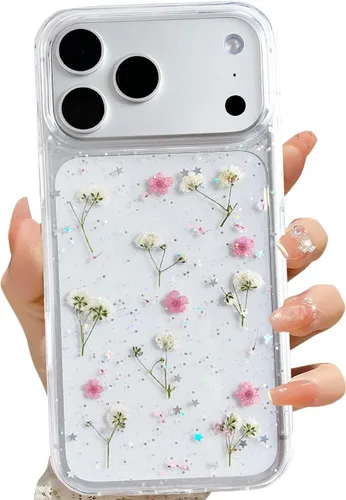 Miniatura 39 de LSEEKA Funda transparente para iPhone 13 Mini/iPhone 12 Mini con diseño de flores reales prensadas, con purpurina, bonito patrón floral blanco, Oro
