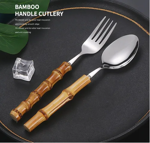 Miniatura 2 de Juego de cubiertos de bambú para 4, 20 piezas de cubiertos de acero inoxidable 18/8, juego de cubiertos de mango de bambú natural, utensilios