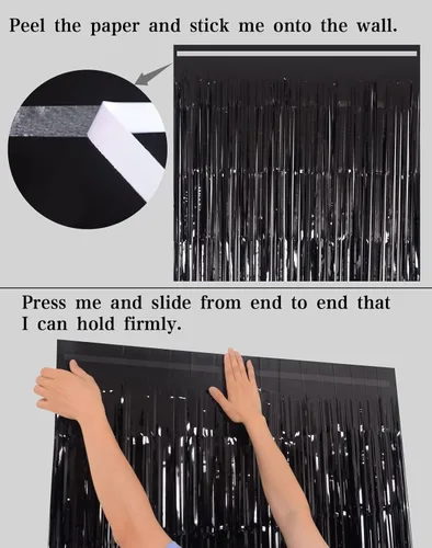 Miniatura 6 de Melsan - Cortinas de fondo con flecos de oropel negro para fiestas, Melsan de 3.2 x 8 pies, telón de fondo de fotos negro para cumpleaños
