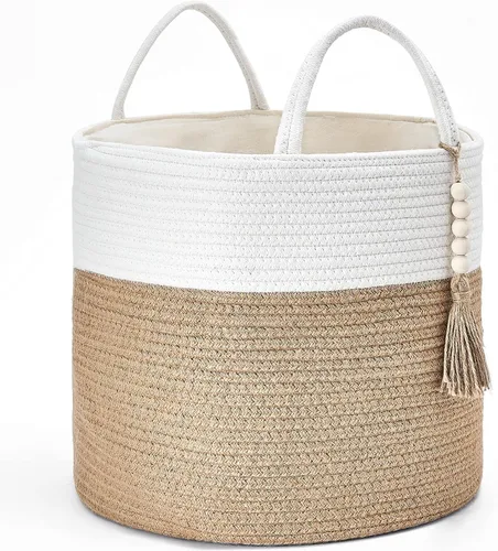 Miniatura 11 de Mkono Cesta Alta de Mimbre para Ropa Sucia Cesta de Almacenamiento Tejida Cesta Decorativa de Cuerda Natural Decoración de Cuentas de Madera