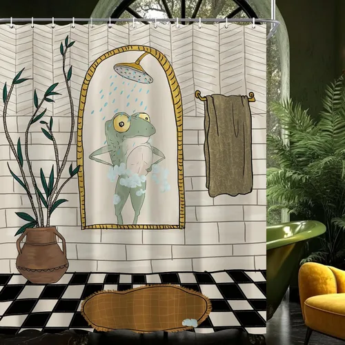 Miniatura 7 de Juego de cortina de ducha divertida con diseño de ranas para el baño 60x72 pulgadas, cortina de ducha retro linda con diseño de ranas, cortina