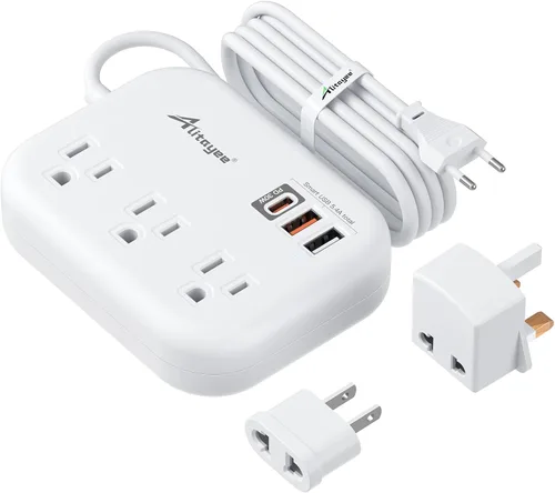 Miniatura 9 de Alitayee - Adaptador de enchufe de viaje europeo, regleta de alimentación de viaje UE/Reino Unido y EE. UU. con 3 tomacorrientes, 3 puertos USB