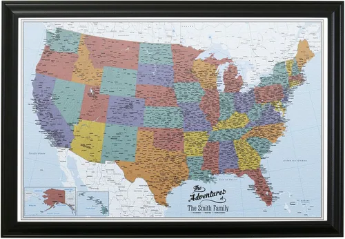 Miniatura 20 de Push Pin Travel Maps Lienzo personalizado Blue Oceans USA con marco gris de madera de granero