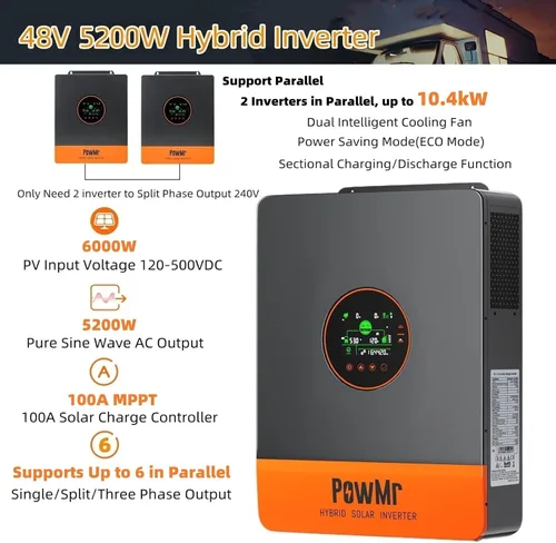 Miniatura 2 de PowMr Inversor solar híbrido de 5000 W 48 V CC a 110 V/120 VAC, inversor de fase dividida de 5200 W con controlador MPPT de 100 A, entrada