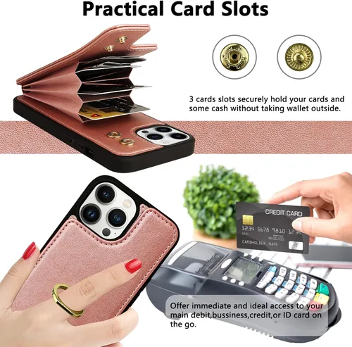 Miniatura 4 de Funda tipo cartera compatible con iPhone 13 Pro con tarjetero, rotación de 360°, soporte de anillo de dedo con función atril, protección RFID, Oro