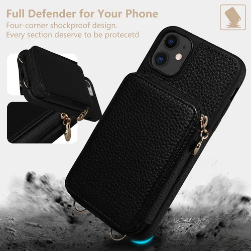 Miniatura 9 de Funda para iPhone 11 de 6.1 pulgadas, cartera cruzada con cremallera y ranuras para tarjetas de bloqueo RFID, soporte de soporte, cordón desmontable