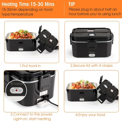 Miniatura 5 de Kabbas Lonchera eléctrica portátil de 1.8 L para adultos, lonchera térmica de 100 W para hombres con doble contenedor extraíble, calentador