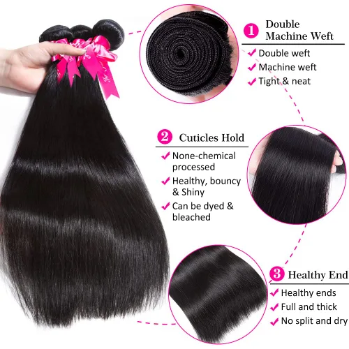 Miniatura 5 de Subella 3 manojos de cabello humano brasileño lacio, grado 10A, virgen, sin procesar, color negro natural (8, 10, 12 pulgadas)