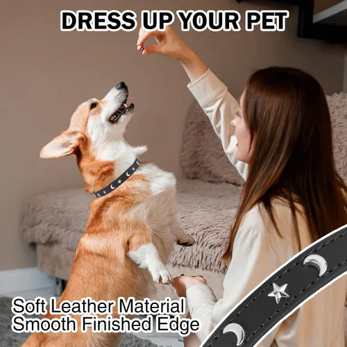 Miniatura 4 de Collar de cuero para perros pequeños, collar suave y ajustable con remaches de estrella y luna para perros machos y hembras, collares para cachorros