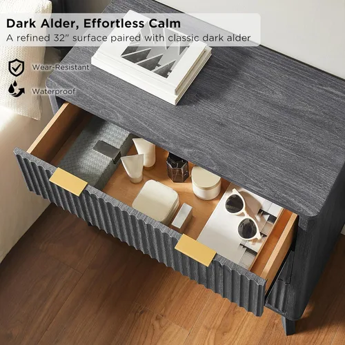 Miniatura 4 de T4TREAM Cómoda acanalada de 3 cajones, cómoda moderna de 32 pulgadas de alto, diseño de perfil curvo, organizador de cajones de madera para Aliso