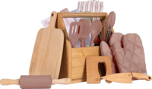 Miniatura 8 de WeeSprout Little Chef - Juego de cocina y hornear para niños, juego de cocina de 14 piezas con herramientas de cocina reales y delantal para niños