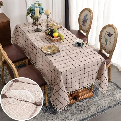 Miniatura 2 de Mantel bordado de lino de algodón rectangular con borla, a prueba de derrames, a prueba de polvo, mantel decorativo lavable para cocina, comedor