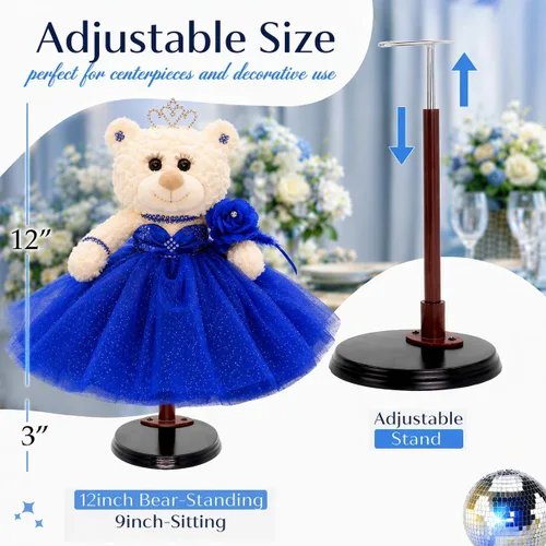 Miniatura 3 de Muñeca de centro de mesa de oso de quinceañera de 12 pulgadas con elegante vestido de tul en capas y soporte ajustable, regalo de decoraciones