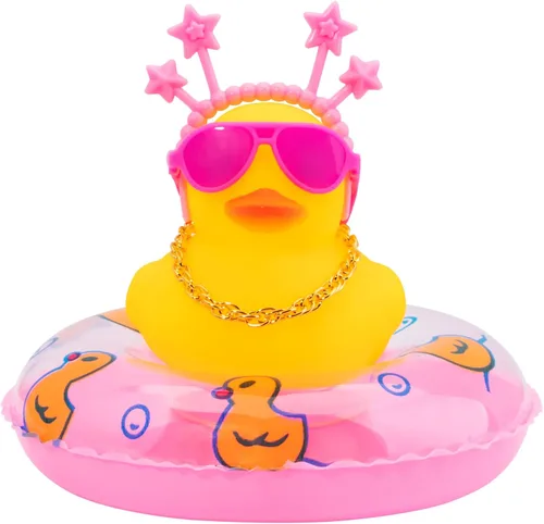 Miniatura 11 de wonuu Adornos de pato de goma para automóvil, decoración de tablero de automóvil con bonita diadema, anillo de natación, collar, gafas de sol