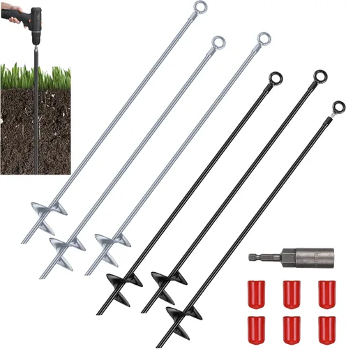 Miniatura 8 de Lasnten Juego de 6 piezas de anclas de tierra de servicio pesado de 30 pulgadas con hoja en espiral, kit de anclas de tierra, gancho de ancla