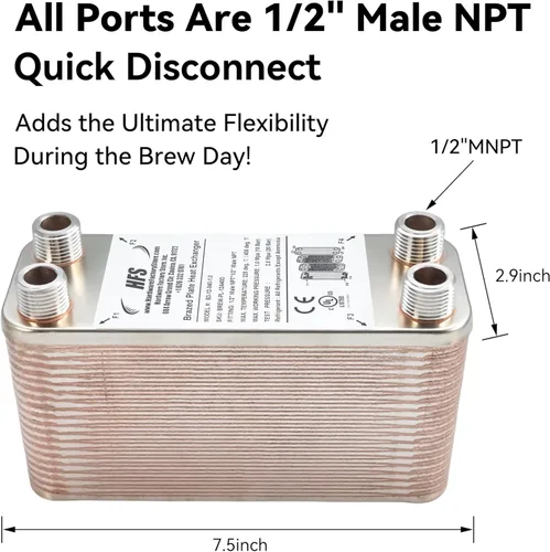 Miniatura 2 de HFS (R) 40 placas de acero inoxidable 304 Homebrew Beer Wort Chiller intercambiador de calor, 7.5 "x 2.9", 1/2" x 1/2" macho NPT, sistema